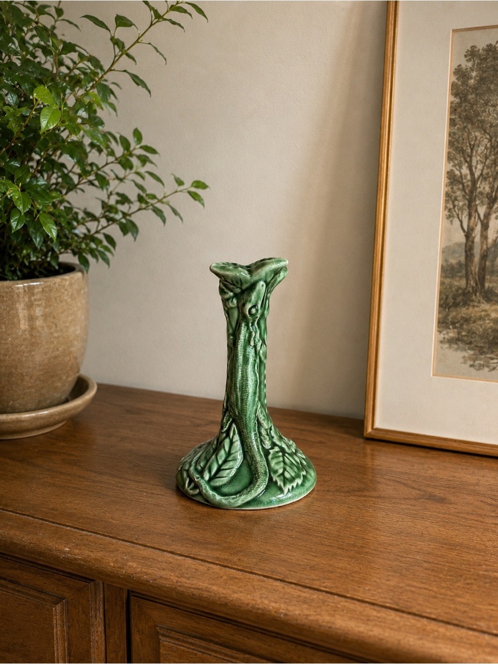 Porta Portugal Majolica Green Lizard Ceramic Candlestick